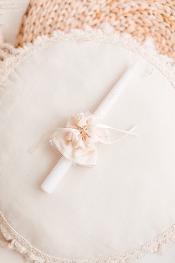 Etsy Baptism Candle With Cream Natural Silk Decoration, Christening Fire Torch Minimal Cross Fabric Ribbon For Church