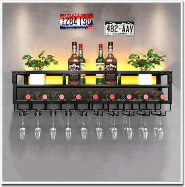 Trent Austin Design LED Wall Mounted Wine Rack - Industrial Black Metal Shelf With Glass Holder, Large Floating Storage For Home Bar Dining Room