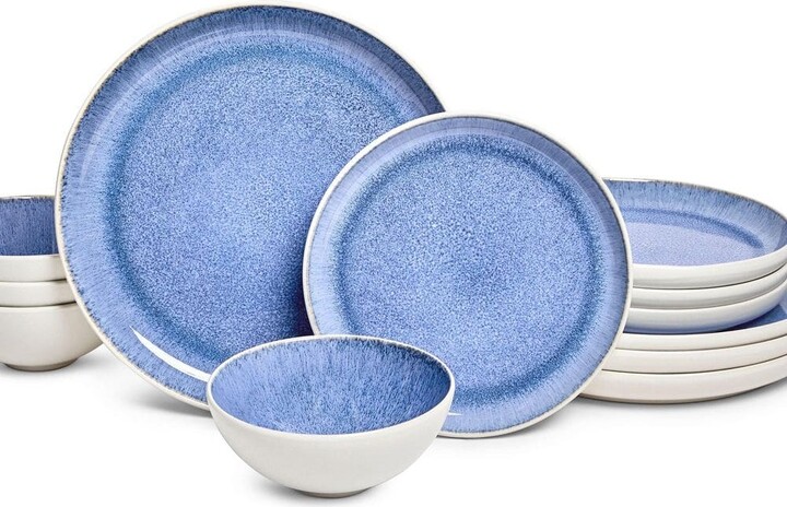 Sango Cove 12-Piece Stoneware Dinnerware Set, Blue, Round, Service for 4, Microwave and Dishwasher Safe