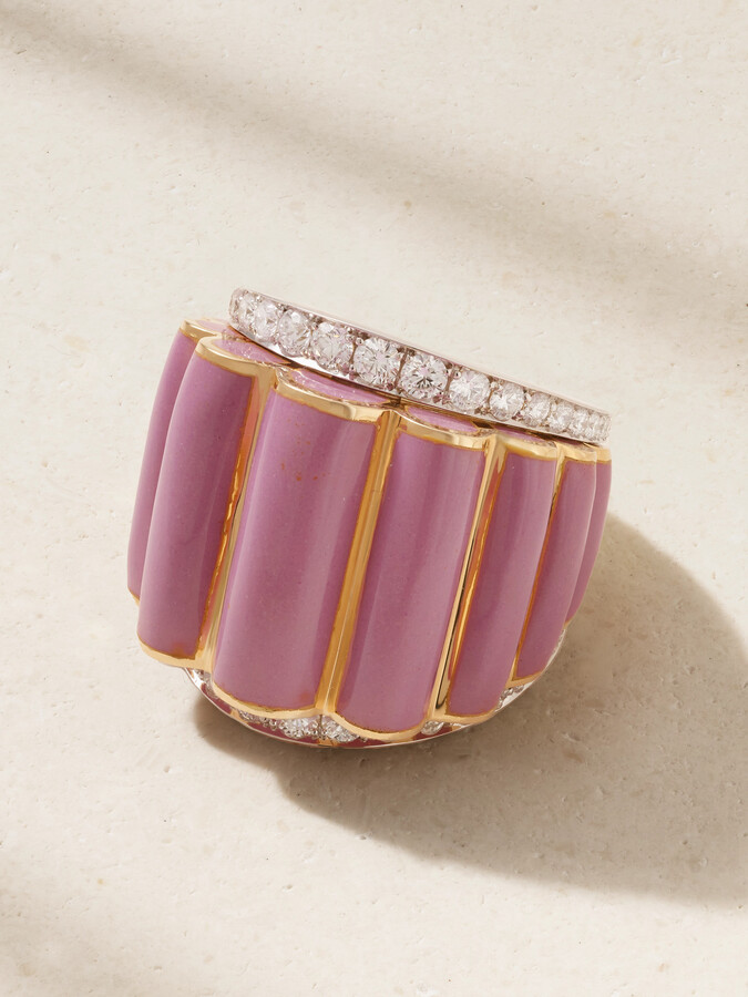 David Webb Scallop 18-karat Gold, Platinum, Diamond And Enamel Ring - Pink