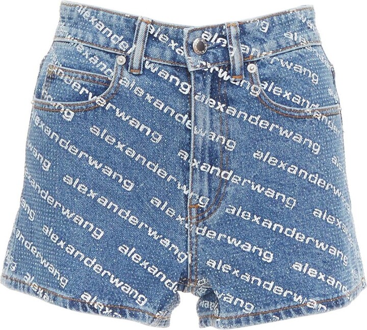 Alexander Wang Bite Blue Denim Crystal Rhinestone Hotfix Logo Mini Shorts 25"
