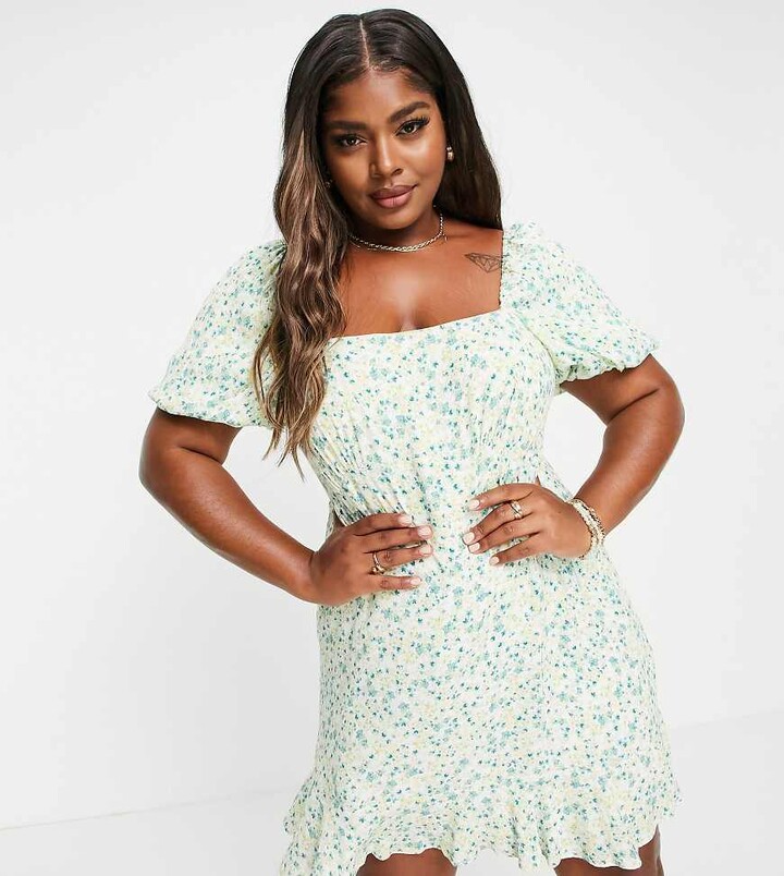 Forever New Curve square neck puff sleeve mini dress in pistachio ditsy  print - ShopStyle