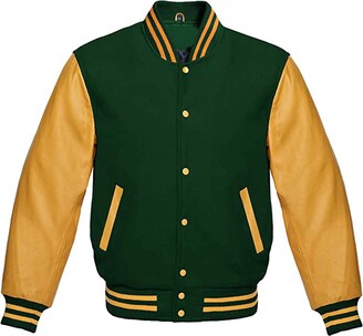 Masonicdirect Letterman Baseball Bomber Varsity Jacket Forest Green Wool & Real Gold Cowhide Leather Sleeves (Forest Green/Gold XL)
