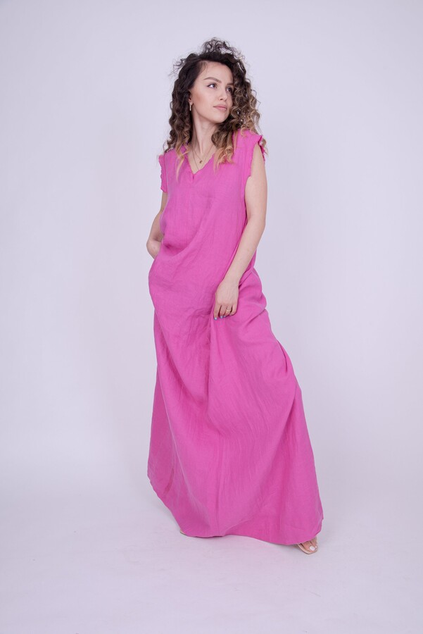 Etsy Linen Caftan Dress/Flax Dress/Linen Maxi Caftan/Fuchsia Dress/Flowy Dress/Full Length Dress/Beach Kaftan/Linen Robe/Ae242