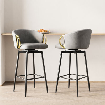 Hokku Designs 360 Swivel Velvet Bar Chairs Of 2, Safe And Stable Construction, Beige Grey Modern Chairs, Soft Fabric, Fits Bars, Restaurants, Dining Tables, Black