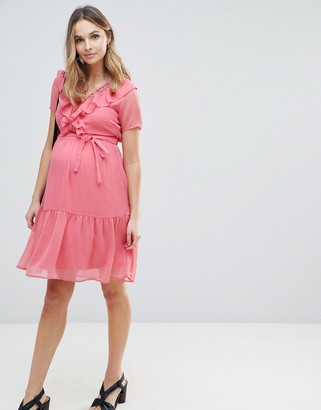Mama Licious Mamalicious frill mini tea dress in pink