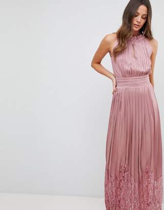 Little Mistress Tall Ruffle High Neck Maxi Dress With Lace Pleated Skirt