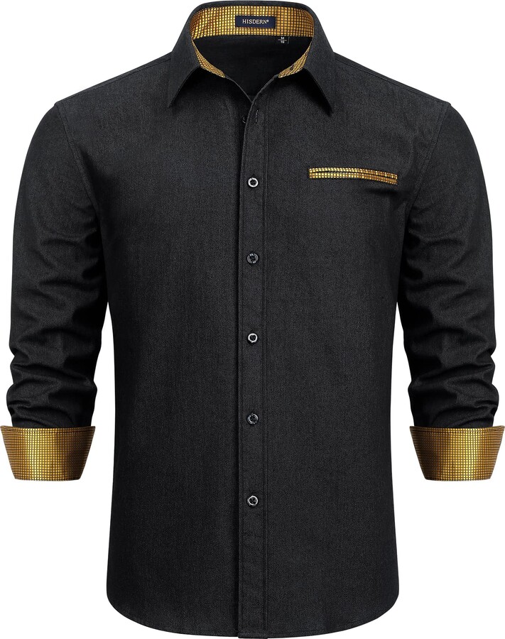 HISDERN Men's Black Denim Shirt Casual Long Sleeve Shirts Contrast
