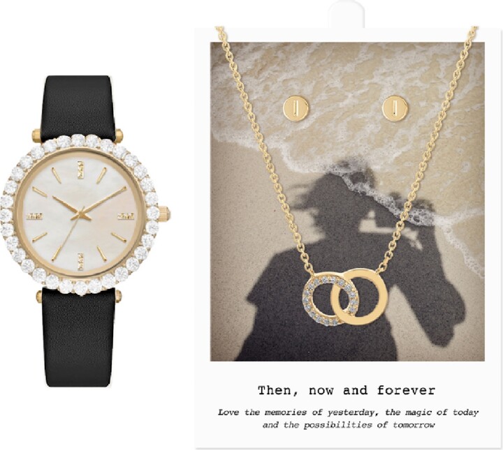 Jessica Carlyle Women's Analog, Three-Hand Quartz Black Polyurethane Strap Watch 34mm Gift Set