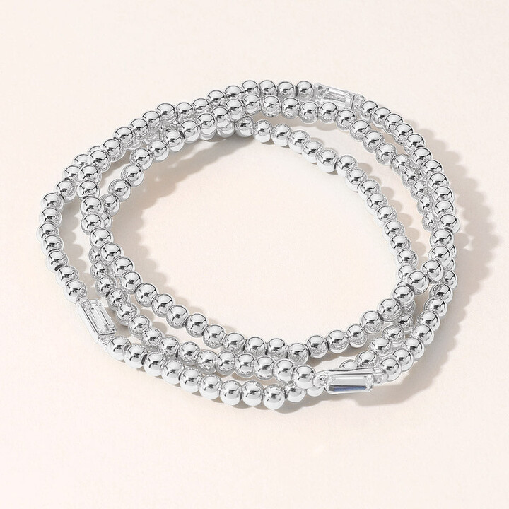 FASHNZFAB 3PCS - Emerald Cut Stone Cluster Pointed Metal Ball Beaded Stretch Multi Layered Bracelets Clear, Rhodium