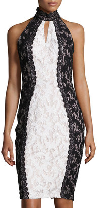 Jax Halter-Neck Paneled Lace Dress, Ivory/Black
