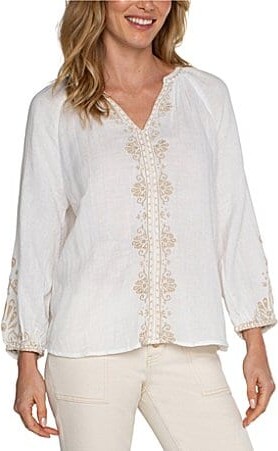 Liverpool Los Angeles Embroidered Split V Neck Long Sleeve Top