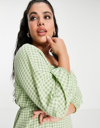 ASOS Curve ASOS DESIGN Curve square ruched neck midi dress in green gingham
