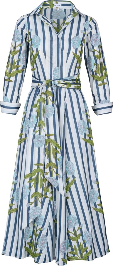 AtLAST Cotton Marigold Dress In Baby Blue & Grey