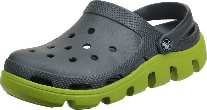 grey and green crocs