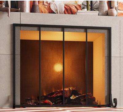 Hokku Designs Flat Panel Fireplace Screen Spark Guard Wrought Metal Gate Cover For Home, Decorative Mesh Fire Place Safety Fence