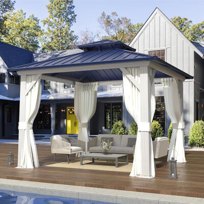EROMMY 10' X 12' Hardtop Gazebo with Galvanized Steel Roof, All-Season Aluminum Outdoor Pergola with Netting & Curtains, Permanent Outdoor Pavilion wi