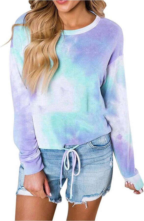Gofodn Ladies Tops for Women Pullover Sweatshirt Long Sleeves Casual Plus Size Tie-Dye Gradient Print Loose Tunic Top Blouse 
