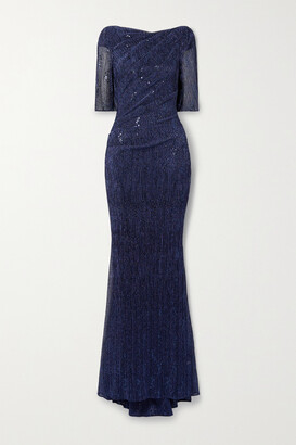 Talbot Runhof Draped Sequin-embellished Metallic Voile Gown - Blue