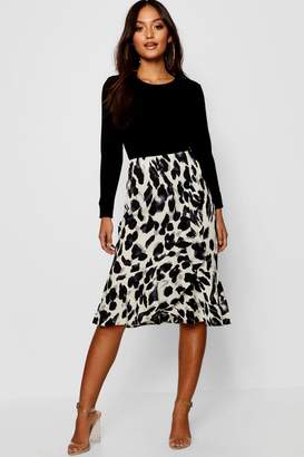 boohoo Petite Leopard Print Asymmetric Ruffle Satin Midi Skirt