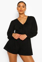Thumbnail for your product : boohoo Plunge Balloon Sleeve Tie Front Playsuit