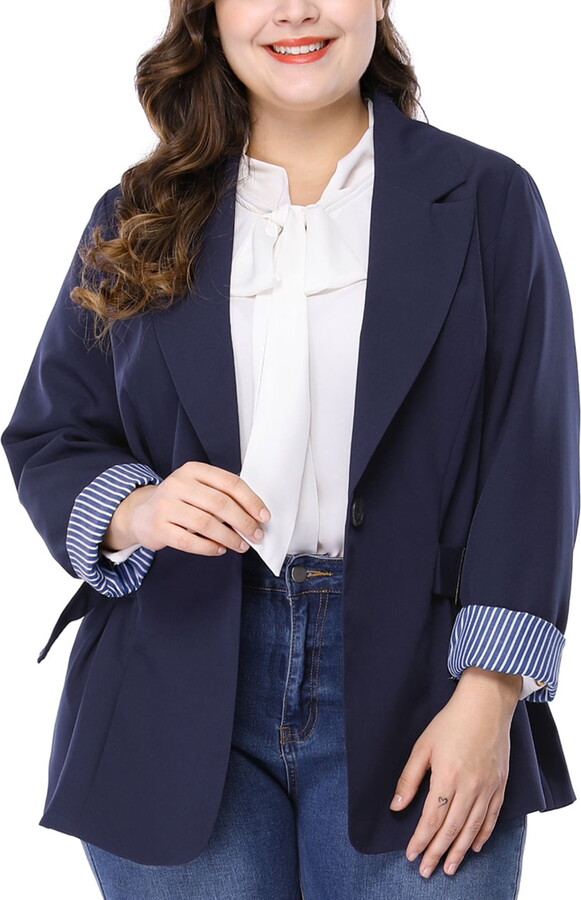 Unique Bargains Women’s Plus Size Stripe Cuff Notched Lapel Casual Blazer