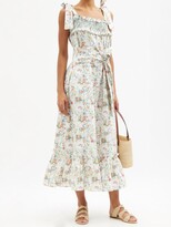 Thumbnail for your product : Loretta Caponi Armida Smocked Floral-cotton-poplin Dress - Beige Print