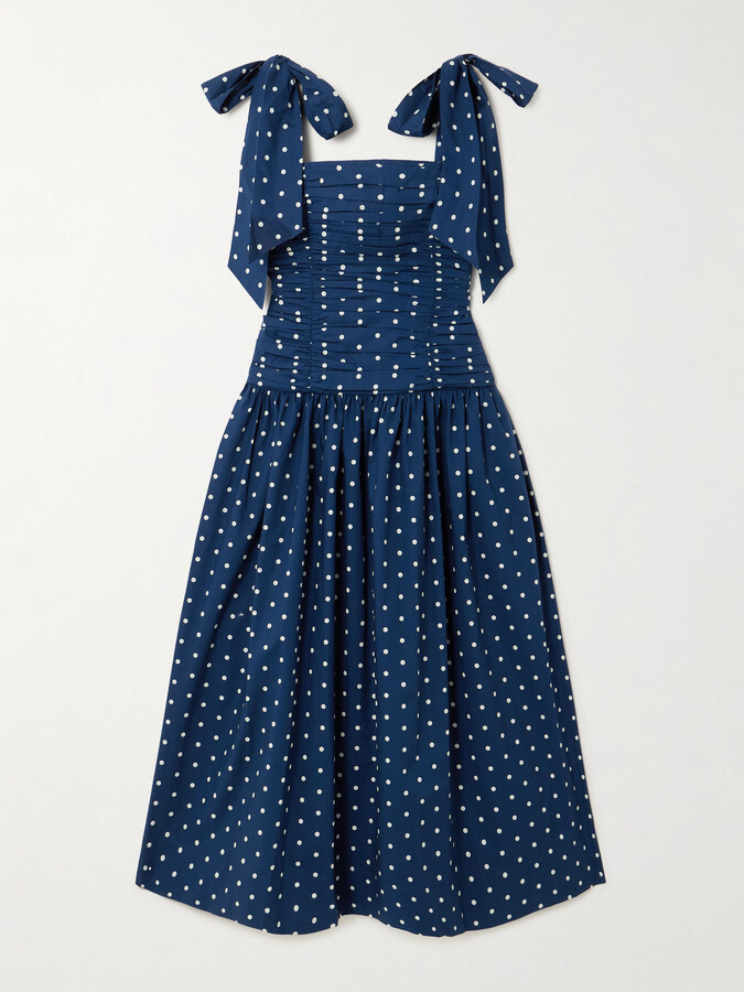 Cara Cara Rahi Tie-detailed Ruched Gathered Polka-dot Cotton Midi Dress - Blue