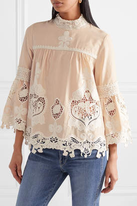 Anna Sui Cupid And Fairy Crocheted Lace-trimmed Cotton-gauze Blouse - Beige