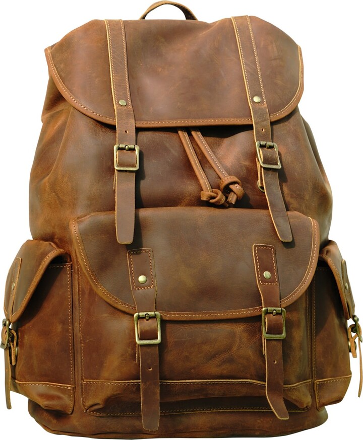 Touri Military Style Leather Backpack - Light Brown