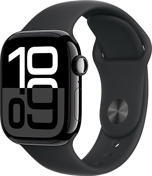 Apple Watch Series 10 GPS + Cellular Smartwatch, 42mm, Jet Black Aluminum Case with Black Sport Band, Small/Medium (MWX63LW/A)