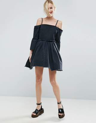 ASOS Denim Off Shoulder Dress With Pleat Detail in Washed Black