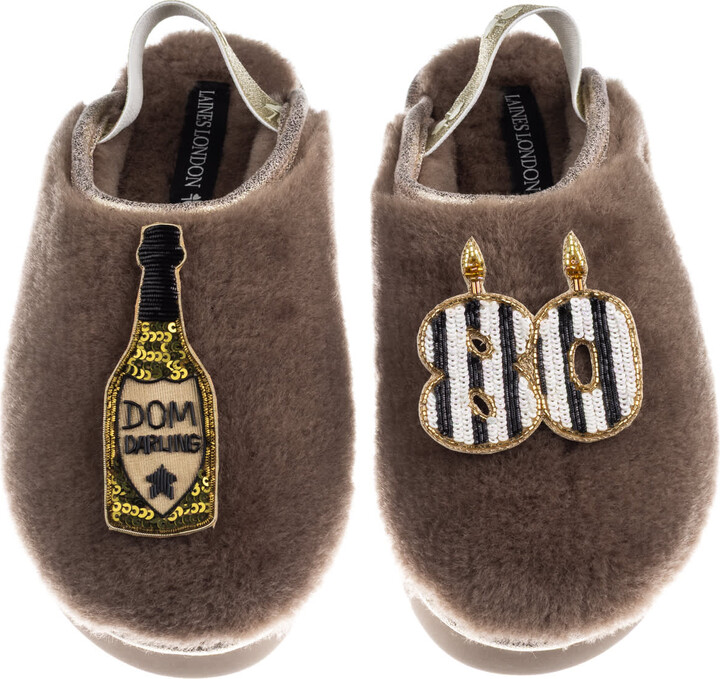 Laines London Brown / Gold / Neutrals Flatform Cloud Closed Toe Slippers With Stripe 80Th Birthday & Dom Darling Brooches - Mink