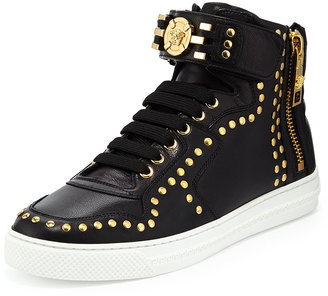 Versace Leather High-Top Sneaker with Gold Medallion, Black