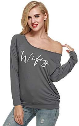 POGT Casual Long Sleeve T Shirt Women Loose Fit Wifey Print Slouchy Shirt Top
