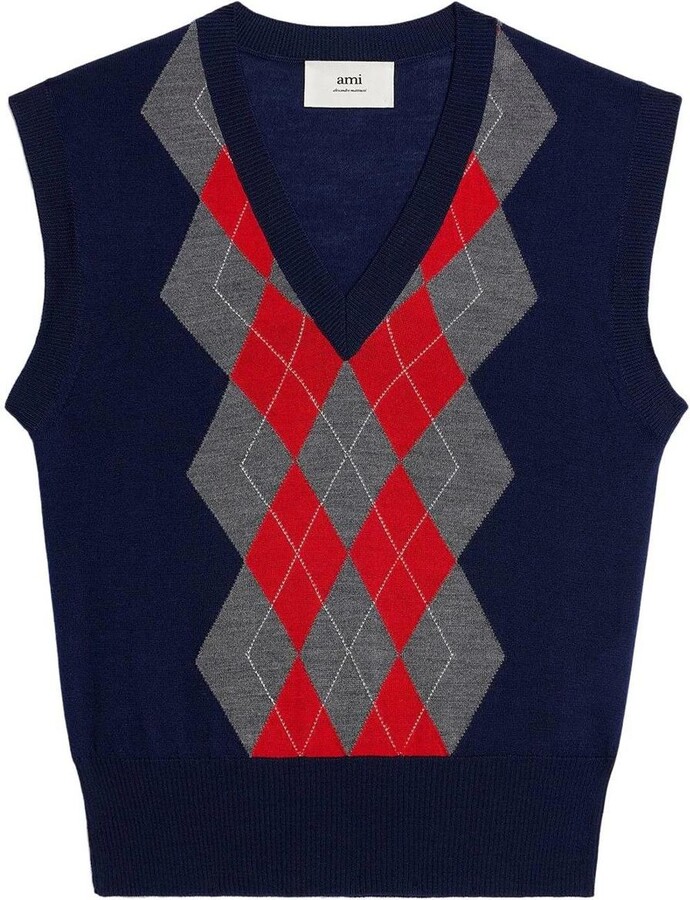 ★AMI PARIS★ Argyle Jacquard Knit Vest Grey FKS704KN0005050 MUSINSA | AMI Argyle Jacquard Knit Vest - Grey