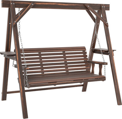 Loon Peak 3 Seat Porch Swing with Stand Wooden Patio Swing Chair with Side Tables and Metal Chains Outdoor Swing Bench for Garden Poolside Backyard Wood