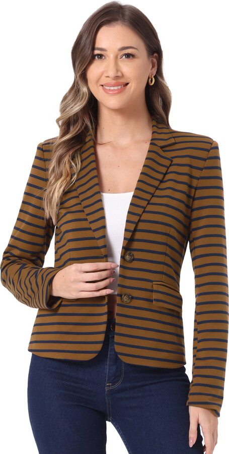 DARING DIVA Women’s Striped Notched Lapel Button Closure Blazer L Navy Brown