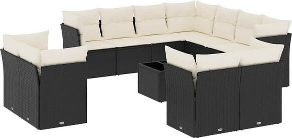 VidaXL vidaXL12PiecePatioSofaSetwithCushionsBlackPolyRattan-BlackandCreamWithTable