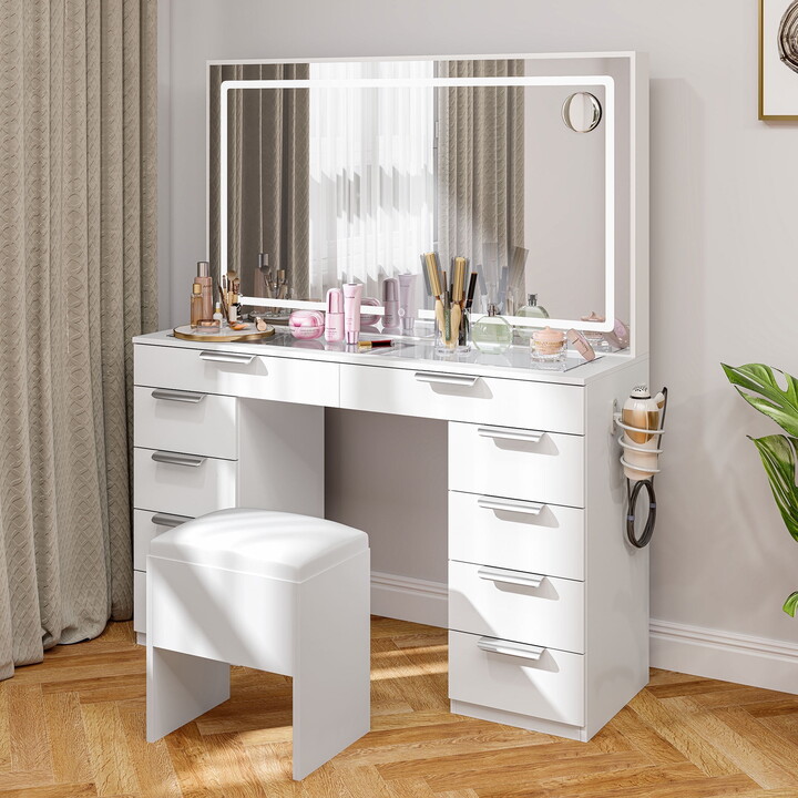 Dextrus Elegant White Vanity Desk Set for Adults – LED Mirror & Glass Top