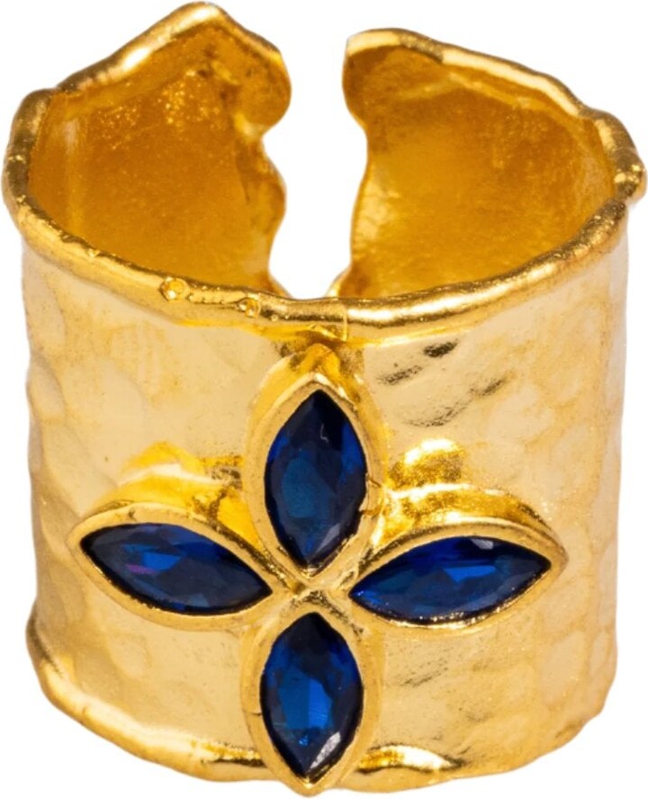 Ebru Jewelry Gold / Blue Floral Sapphire Stone Gold Band Design Statement Ring - Blue