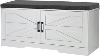 Multifunctional Farmhouse Entryway Storage Bench with Adjustable Shelves and Padded Seat Cushion