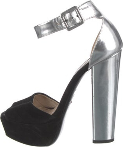 Prada Suede D'Orsay Pumps Black & Silver Colorblock Pattern Leather Trim Square-Toes Platform Crossover Straps & Buckle Closure at Ankles Designer