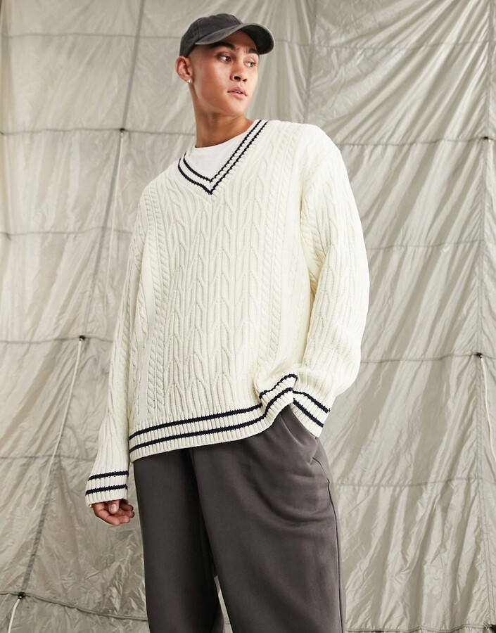 ASOS DESIGN cable knit cricket sweater in off white and navy tipping -  ShopStyle