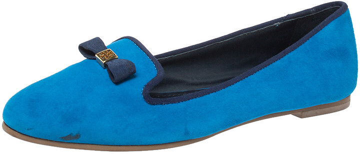 Tory Burch Blue Suede Leather Bow Slip On Loafers Size 38 - ShopStyle