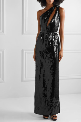 Saint Laurent One-shoulder Cutout Sequined Crepe Gown - Black