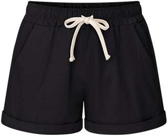 fereshte Womens Elastic Waist Cotton Linen Casual Beach Shorts with Drawstring Tag 2XL