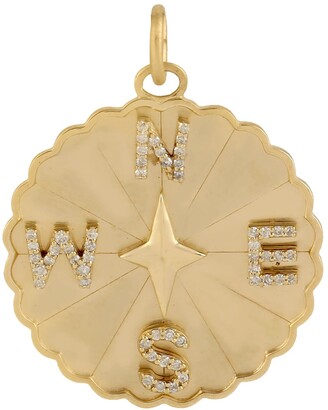 Artisan 14K Gold Round Compass Pave Diamond Charm Pendant Handmade Jewelry