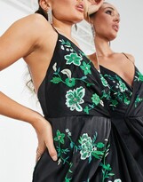 Thumbnail for your product : ASOS EDITION satin drape side cami midi dress with floral embroidery in black