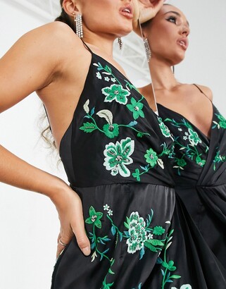ASOS EDITION satin drape side cami midi dress with floral embroidery in black